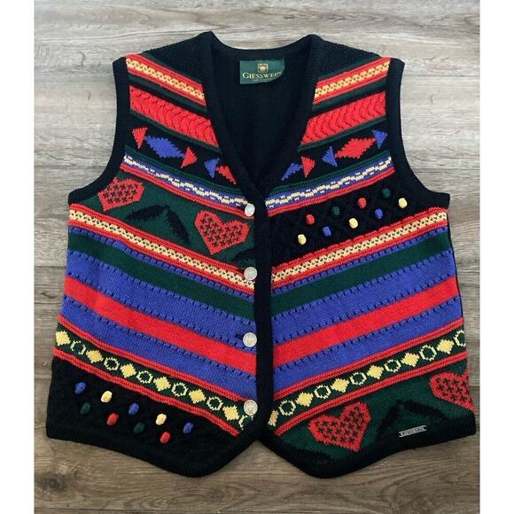 Giesswein Austria New Pure Wool Folk Artsy Knit Vest Women’s Size Medium Heart - Picture 1 of 11